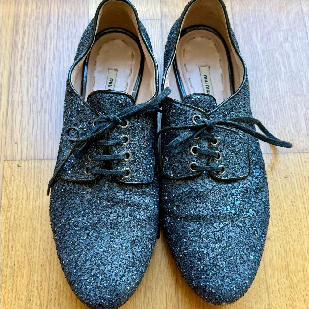 NWOT Miu Miu Glitter Oxford Shoes/Sparkle Lace-Up Flats